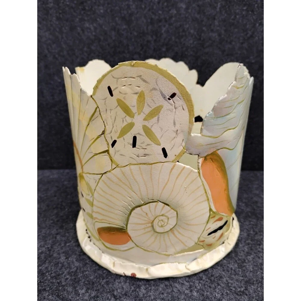 Vintage Coastal Seashell Motif Handmade Metal Candle Holder Artist Signed 5